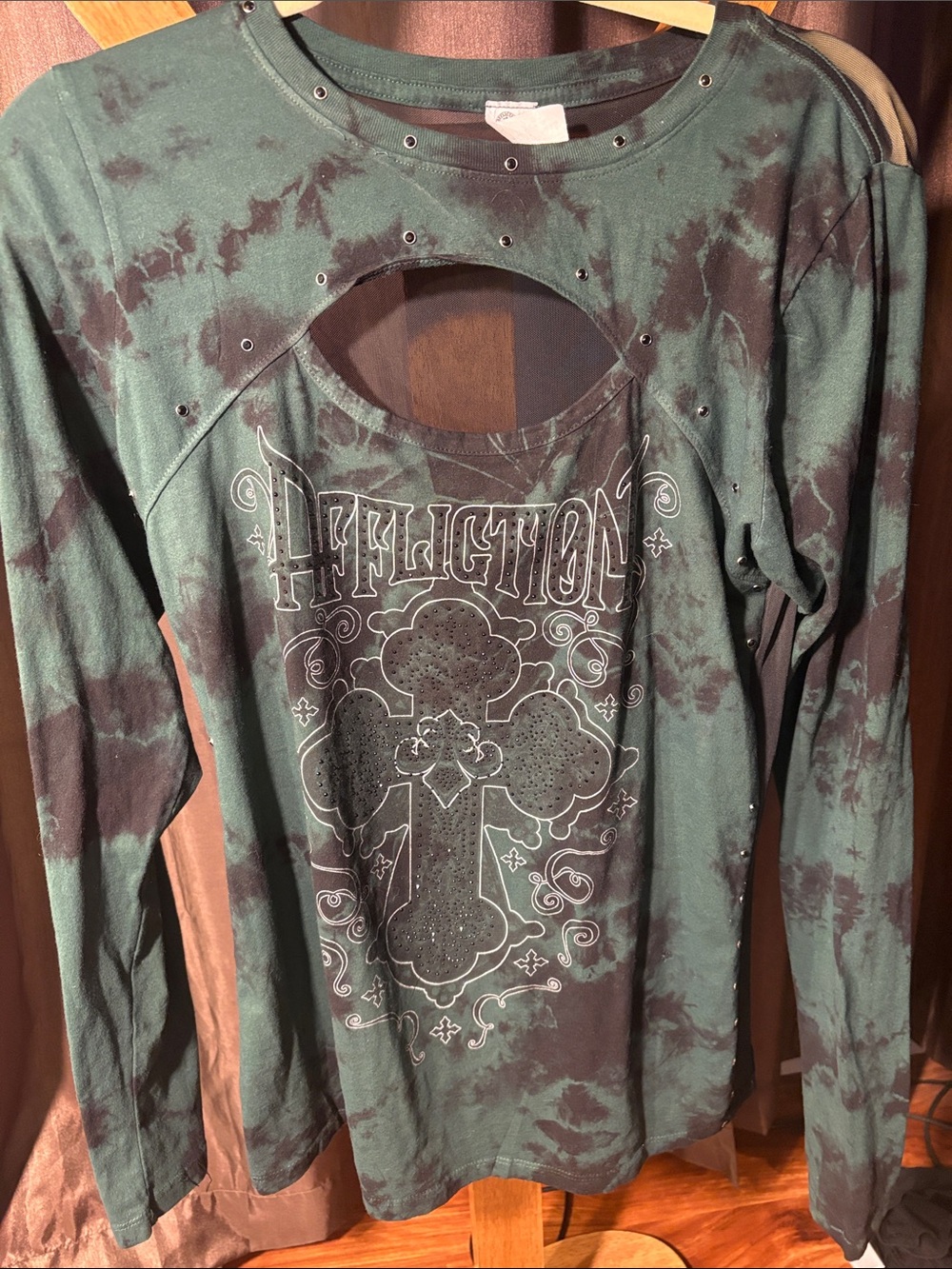 Affliction Green and Black Tie-Dye Cutout Long Sleeve Tee embellished XL NWT